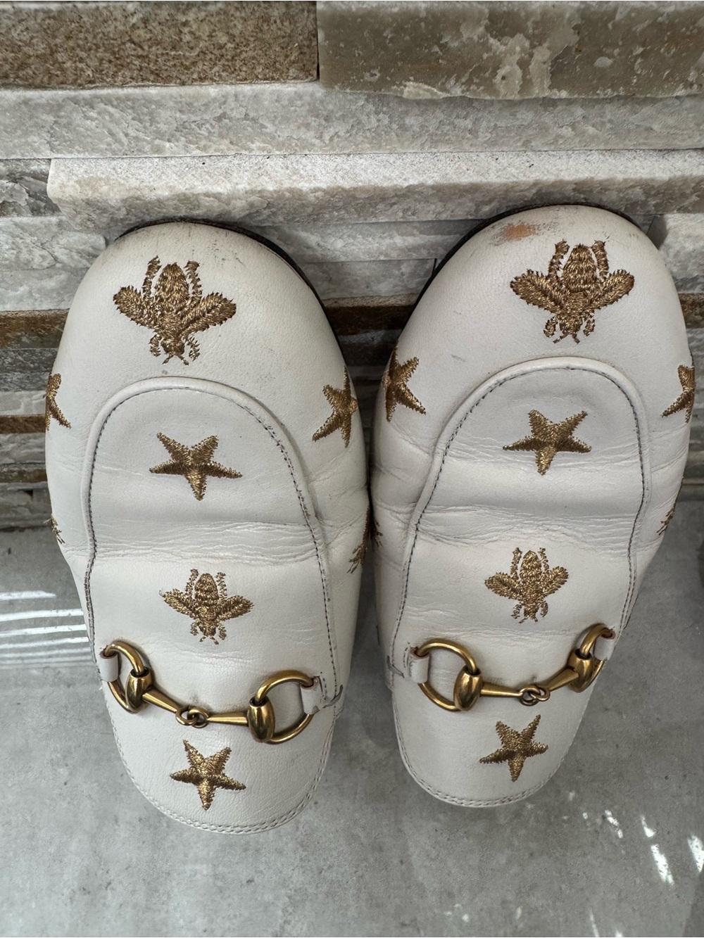 Gucci White Princetown Horsebit Mules with Gold Star & Bee Embroidery - Picture 8 of 9